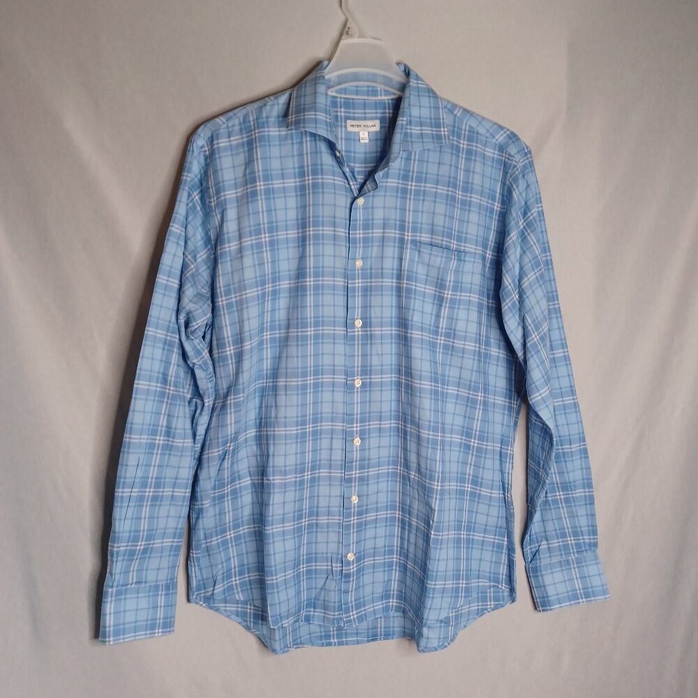 Peter Millar Shirt Mens Large Sky Blue Plaid Button Up Long Sleeve Casual